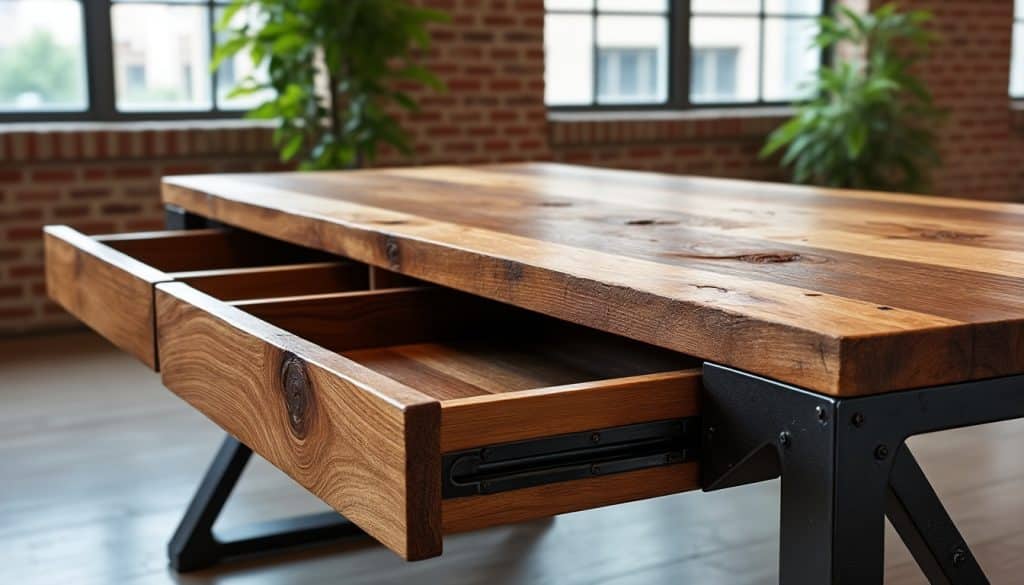 découvrez comment concevoir un bureau au style industriel alliant le charme de l'acier brut et la chaleur du bois d'épicéa. apprenez à intégrer des guides de tiroir pratiques pour allier esthétique et fonctionnalité dans votre espace de travail.